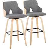Stella 30" Swivel Bar Stool in Natural Wood, Light Grey Fabric & Black Footrest (Set of 2)
